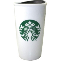 Starbucks Classic White And Green Coffee Traveler Tumbler Double Wall Ceramic Coffee Travel 12 Oz