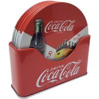 The Tin Box Company Coke 6 Pc Coaster Set With Standing Metal Holder  Red