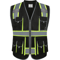 Jksafety 10 Pockets Hi-Vis Zipper Front Black Safety Vest | Cushioned Collar | High Reflective Tapes With Extended Neon Yellow Strips | Meets Ansi/Isea Standards (Xx-Large  89-Black)