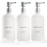 Stylish Shampoo And Conditioner Dispenser Set Of 3 - Modern 21Oz Shower Soap Bottles With Pump And Labels - Easy To Refill Body Wash Dispensers For An Instant Bathroom Decor Upgrade - White