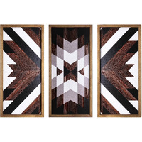 3Pcs Aztec Wood Wall Decor Farmhouse Kitchen Boho Cyan Rectangle Framed Hanging Signs Bedroom Window Frame Vintage Tribal Wall Decor Above Bed Southwestern Modern Geometric Wall Art (Black-Brown)