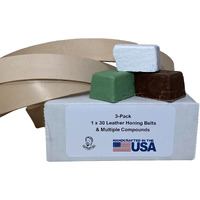 3 Pack Of 1"" X 30"" Leather Stropping Belts - Green  White  And Brown Compounds Included