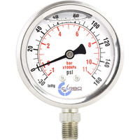 Carbo Instruments Stainless Steel Pressure Gauge Dual Display (-30 Hg - 0-160 Psi/Kpa) - 2 1-2"" Glycerine Liquid Filled Water Air Oil Gas Gauge With Polycarbonate Lens - Compound Vacuum - 1/4"" Npt