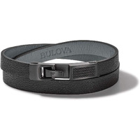 Bulova Jewelry Men's Latin Grammy Double Wrap Black Leather Bracelet With Diamonds And Clasp Closure