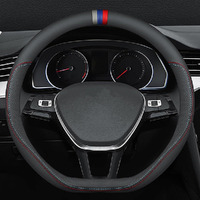 Carodi Latest Nappa Leather Car Steering Wheel Cover  Stylish Non-Slip Leather Car Interior 15 Inches Universal D-Shape Black(Red And Blue Signs)