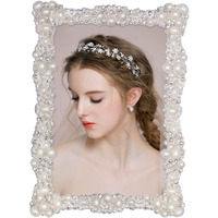4X6 Pearl Picture Frame With Crystal For Wedding  Silver Plated With High Definition Glass Photo Frames With Rhinestones Horizontal And Vertical Decor Tabletop Display (Real Glass)