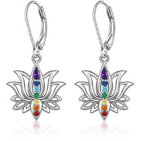 Chakra Earrings Lotus Flower 7 Chakra Stones Leverback Earrings For Women Dangle Hoop Healing Crystal Yoga Lotus Jewelry Energy Balance Meditation