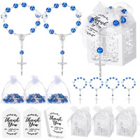 100 Pcs Baptism Favors Set Includes 25 Pcs Mini Rosary 25 Pcs Baptism Favor Boxes 25 Pcs White Organza Bags 25 Pcs Kraft Thank You Tags For Christening Communion Baby Shower Party Decorations (Blue)