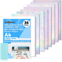 Teckwrap Holographic Sticker Paper Clear Overlay Lamination Vinyl Matte White Inkjet Printable Vinyl 8.26"" X 11.69"" A4 Size 36 Sheets/Pack Laminate Sticker Film For Craft  Scrapbooking  Craft Cutters