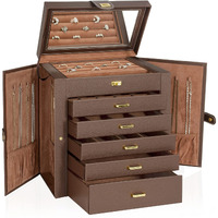 Akozlin Extra Large 6-Tier Jewelry Box Organizer With Mirror  5 Drawers Leather Jewelry Storage Case For Women Girls Ring Necklace Earring Bracelet Brown