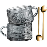 Gezzeny Vintage Glass Coffee Mugs 14 Oz Set Of 2 Gray Embossed Tea Cups For Cappuccino  Latte Cereal  Yogurt  Beverage Hot/Cold Mother's Father's Day Gifts