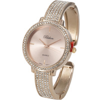 Blekon Collections Women's 32Mm Rhinestones Round Elegant Metal Cuff Bangle Fashion Watch (Rose Gold)