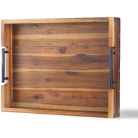 Ottoman Tray  16.5""X12.5"" Acacia Wood Serving Tray With Black Metal Handles  Great For Ottoman Tray  Food Tray  Breakfast Tray  Eating Tray