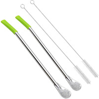 Gfdesign 8.3 Inches Long Yerba Mate Bombilla Gourd Drinking Filter Straws Soft Heatproof Silicone Tips Food-Grade 18/8 Stainless Steel & Silicone - Set Of 2 With Silicone Tips & Cleaning Brushes