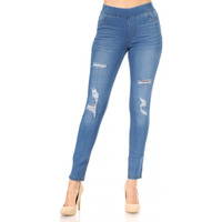 Women's Stretch Pull-On Skinny Ripped Distressed Denim Jeggings Regular-Plus Size (M  Blue-66)