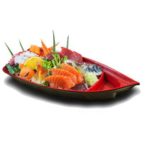 Happy Sales Hssb-10Rb  Sushi Boat Shape Plate Sushi Sashimi Serving Plate Melamine Plastic Tray 10 X 4.5 Inch (Red Black)