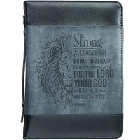 Christian Art Gifts Classic Faux Leather Bible Cover For Men And Women: Be Strong And Courageous - Joshua 1:9 Inspirational Bible Verse With Lion  Gray And Black  Xl