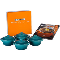 Le Creuset Stoneware Set Of 4 Mini Cocottes With Cookbook  8 Oz. Each  Caribbean