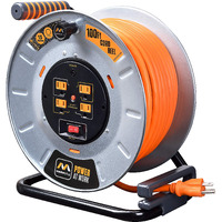 Masterplug Metal Steel Drum With Four Powered Outlets  Open Cord Reel Extension Cord With Winding Handle  Overload Circuit Breaker  And Power Switch  100 Feet 12Awg  High Visibility Cord