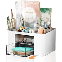 Pencil Pen Holder For Desk 2 Drawer Desk Organizers 5 Compartments Desktop Storage Stationery Supplies Organizer  Cute Pencil Cup Pot For Office  School  Home(White)