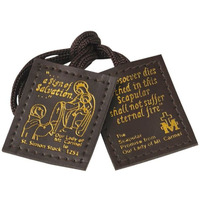 Brown Stamped Leather Scapulars Catholic Necklace For Men And Women  Scapular With Our Lady Of Mt Carmel On The Front And Her Promise Of Salvation  21 Inches