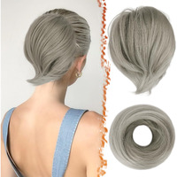 Barsdar Gray Hair Bun Extensions - Synthetic Fully Short Straight Ponytail Hair Bun Extensions For Women  Elastic Gray Hair Bun Scrunchies Hairpieces Girls Daily- Gray Mixed