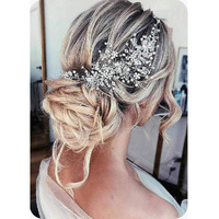 Catery Flower Bride Wedding Headband Silver Crystal Pearl Hair Vine Braid Headpiece Bridal Hair Accessories For Women (Silver)