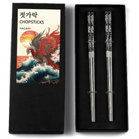 Phoenix Chopsticks Metal Reusable Designed In Korea Japanese Style Stainless Steel 316 18/10 Non-Slip Dishwasher Safe Laser Etched (Black - 2 Pairs)