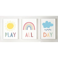 Kids Wall Art  Playroom Wall Poster  Rainbow And Sunshine Retro Wall Art  Play All Day (Set Of 3) - Unframed - Nursery  Kids Room  Classroom  Playroom Decor - 11X14 Poster Print - Unframed