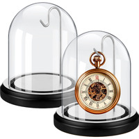 Beeveer 2 Pcs Watch Ornament Glass Display With Hooks Dome Cloche With Wood Base Decorative Glass Display Dome Showcase For Watch Plants Medals Photos Collectibles Dark Mdf Base (Silver Hook 3"" X 4"")