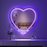 Besmirror 24""X24"" Heart Shaped Mirror Crushed Diamond  Rgbwy Led Heart Vanity Mirror With Lights  3 Lighting Modes And 7 Static Colors  Wall Mounted Led Bathroom Mirror  Dimmable  Memory Function