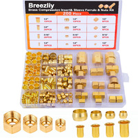 Breezliy 1/4""  3/8""  5/16""  1/2"" Od Brass Compression Insert Sleeve Ferrule Nut 200Pcs