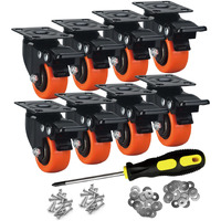 Ashgoob 2"" Caster Wheels Set Of 8  Heavy Duty Casters With Brake  No Noise Locking Casters With Orange Polyurethane (Pu) Wheels  Swivel Plate Castors Pack Of 8