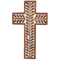 Nirman Mango Wood Religious Catholic Cross Wall Hanging Floral Carvings Living Room Home D?Cor For Entryway Office Living Room (10"" X 6"" X 0.75"")