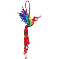 Hummingbird Hanging Figurine Ornament Czech Glass Seed Bead Fringe Tail Dangles - Handmade Gifts Spirit Animal Boho Accessories (Red/Rainbow)
