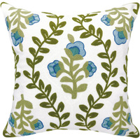 Alysheer Floral Embroidered Summer Decorative Throw Pillow Cover 18""X 18""  Farmhouse Cottage Blue Flowers Green Leaves Knit Pattern Cotton Canvas Cushion Case For Sofa Couch Bed Living Room Decor