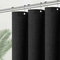 Pangsinne Black Stall Fabric Shower Curtain - Water Repellent Waffle Textured 256Gsm Heavy Duty Cloth Shower Curtains For Bath Tubs  Narrow Hotel Quality Bath Curtain Set With 6 Hooks  36Wx72H
