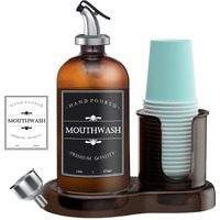 Amber Glass Mouthwash Dispenser With Cup Holder For Bathroom  16Oz Refillable Mouthwash Bottles Container With Tray  Funnel And 2 Waterproof Labels