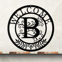 Cinpiuk Initial Welcome Sign  12 Inch Metal Monogrammed Sign Farmhouse Front Door Porch Sign Wall Art Decor  Monogram Gift Rustic Welcome Wreath Hanging Ornament For Indoor Outdoor  B