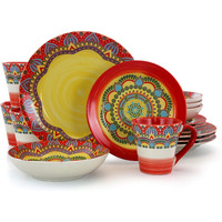 Elama Multicolored Round Stoneware Mandala Pattern Dinnerware Set  16 Piece  Red