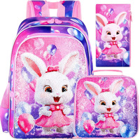 Zlyert 16"" Bunny Backpack  3Pcs Girls Sequin Bookbag For Elementary Preschool Kindergarten  Kids School Backpacks With Lunch Box(Pink)