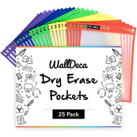 Walldeca Dry Erase Pocket Sleeves Assorted Colors  8.5"" X 11""  Plastic Paper Holder Pack  Reusable Dry Erase Sleeves  Paper Pocket Folders Plastic  5 Colors (25-Pack)