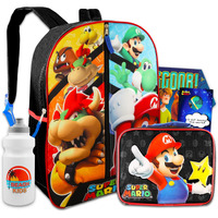Super Mario Backpack With Lunch Box Set For Kids - Bundle With Mario Backpack  Mario Lunch Bag  Stickers  Water Bottle  More | Super Mario Backpack For Boys 4-6