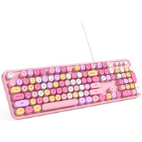 Mowux Computer Keyboard Wired  Plug And Play Usb Retro Round Typewriter Keyboard  Full Size Wired Keyboard With Foldable Stands For Laptop And Office Pc- Pink Colorful