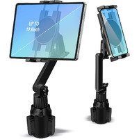 Cup Holder Car Tablet Mount For Truck  360 Adjustable 15"" Long 2-Arm Stand Holder For Ipad Pro 12.9/11/10.5/9.7/Air/Mini 6/5/4  Samsung Galaxy Tab/Z Fold 4/3  Iphone 15/14/Pro  4.7-12.9"" Tab &Phone