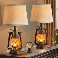 Lediary 18.72"" Led Vintage Lantern Flickering Flame Table Lamps For Bedrooms Set Of 2  Small Farmhouse Rustic Vintage End Table Lamps  Halloween Decorative Lantern Bedside Lamps For Living Room