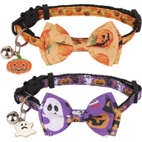Adoggygo Halloween Cat Collars With Bow Bell  Breakaway Kitten Collar With Bowtie Pumpkin Ghost Halloween Collar For Girl Boy Cats Kittens