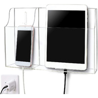 Pansyling Clear Acrylic Remote Control Holder Wall Mounted Phone Holder Stand For Tablet Ereader Wall Storage Caddy Media Organizer With Charging Holes For Ipad Kindle Iphone Samsung