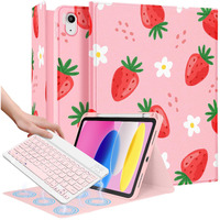 Wazzasoft For Ipad 10Th Generation Case With Keyboard Pencil Holder 10.9 Inch Folio Tablet Cover Women Girls Cute Girly Teens Kawaii Strawberry Unique Design For Apple Funda For Ipad 10Th Gen