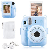 Rieibi Clear Case Compatible With Fuji Instax Mini 12 - Glitte Case Bag For Fujifilm Instax Mini 12 Instant Camera With Back Pocket  Strap And Photo Album - Glitter Blue